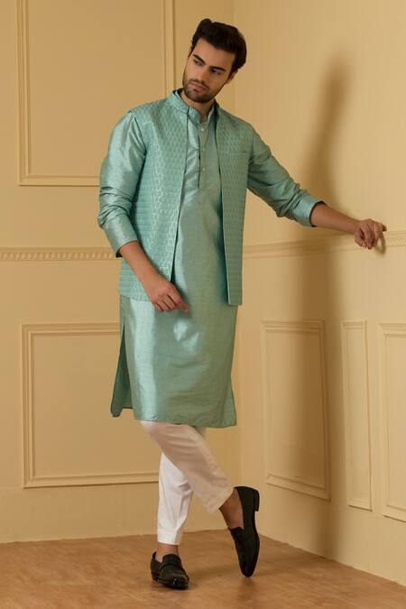 Hilo Design Blue , Chanderi Embroidery, Zari Hand Bundi Kurta Set at Aza Fashions Hilo Design_Blue , Chanderi Embroidery, Zari Hand Bundi Kurta Set _at_Aza_Fashions