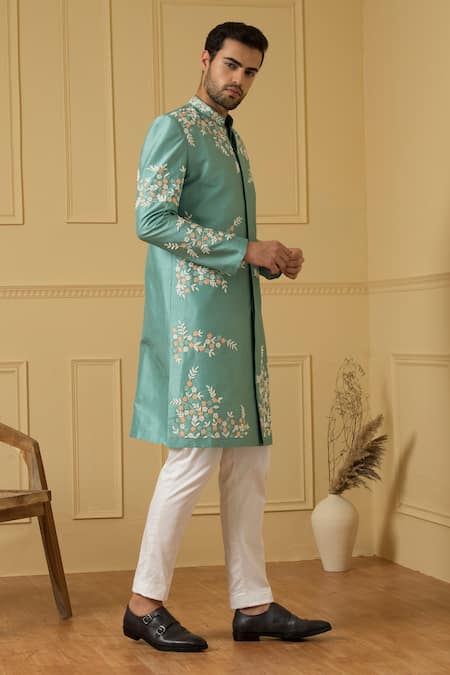 Hilo Design Blue Silk Embroidery Marino Cut Dana Sherwani at Aza Fashions Hilo Design_Blue Silk Embroidery Marino Cut Dana Sherwani _at_Aza_Fashions
