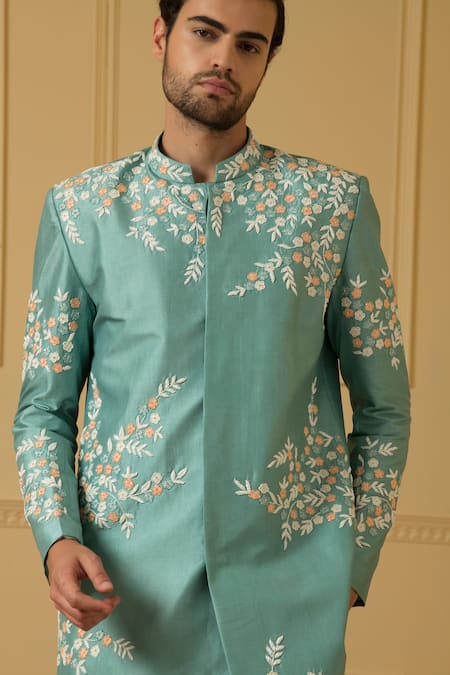Hilo Design Blue Silk, Cotton Embroidery Marino Cut Dana Sherwani Set Online at Aza Fashions Hilo Design_Blue Silk, Cotton Embroidery Marino Cut Dana Sherwani Set _Online_at_Aza_Fashions