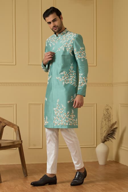 Shop Hilo Design Blue Silk, Cotton Embroidery Marino Cut Dana Sherwani Set Online at Aza Fashions Shop_Hilo Design_Blue Silk, Cotton Embroidery Marino Cut Dana Sherwani Set _Online_at_Aza_Fashions