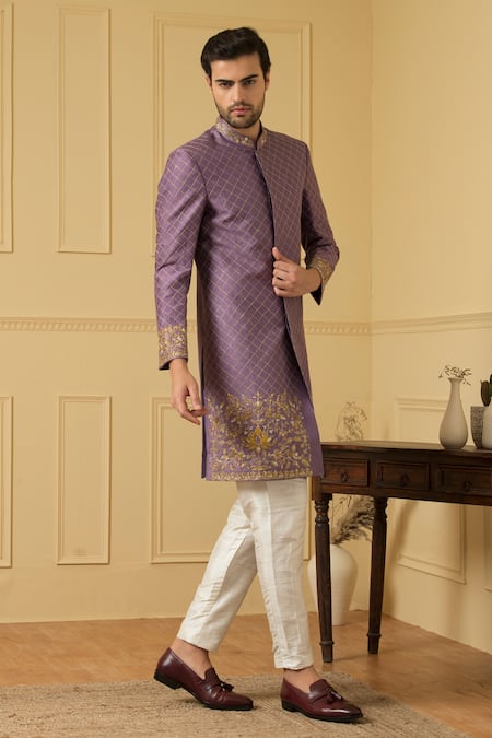 Hilo Design_Purple Silk Embroidery Marfil Zardozi Sherwani Set _Online_at_Aza_Fashions
