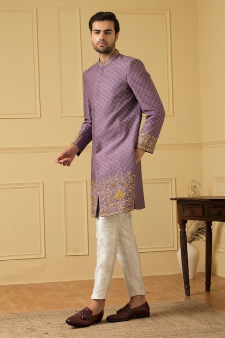Buy_Hilo Design_Purple Silk Embroidery Marfil Zardozi Sherwani Set _Online_at_Aza_Fashions