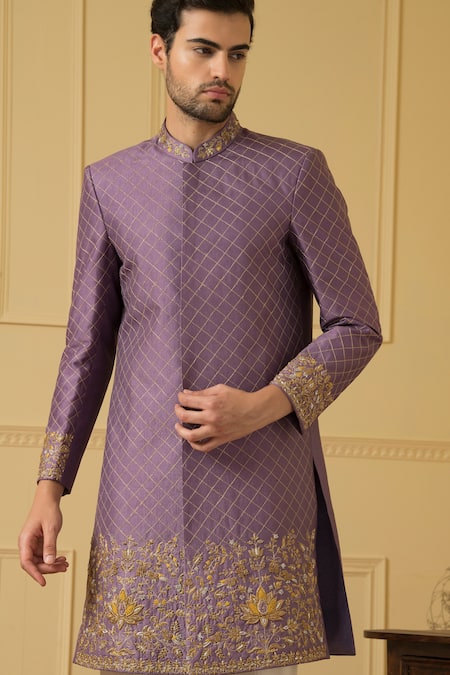 Hilo Design_Purple Silk Embroidery Marfil Zardozi Sherwani Set _at_Aza_Fashions