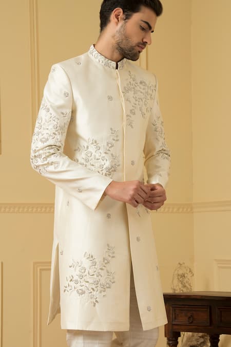 Shop_Hilo Design_White Silk Pearls Crema Zardozi Embroidered Sherwani _Online_at_Aza_Fashions