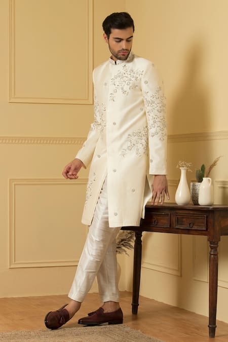 Hilo Design_White Silk Pearls Crema Zardozi Embroidered Sherwani _at_Aza_Fashions