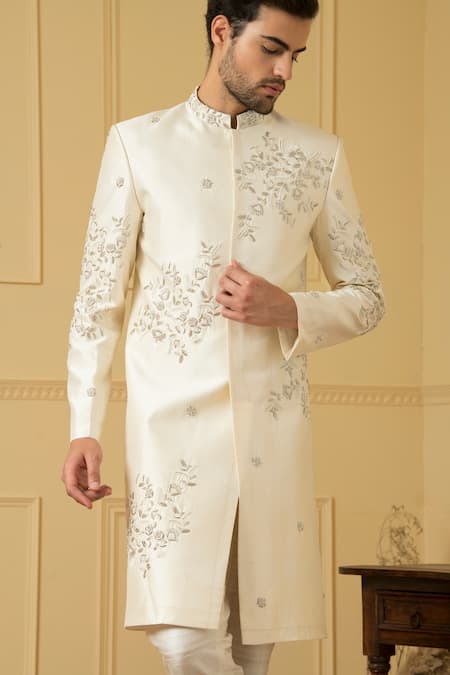 Hilo Design_White Silk Embroidery Crema Zardozi Sherwani Set _Online_at_Aza_Fashions
