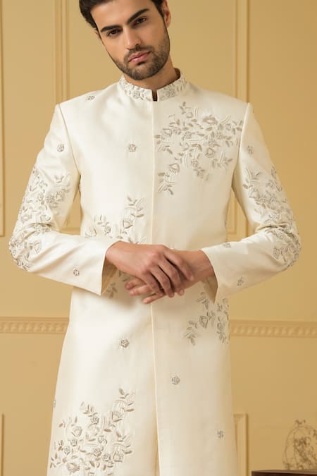 Buy_Hilo Design_White Silk Embroidery Crema Zardozi Sherwani Set _Online_at_Aza_Fashions