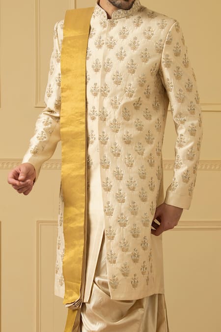 Shop_Hilo Design_Gold Silk Embroidery Esplendor Zardozi Sherwani _Online_at_Aza_Fashions