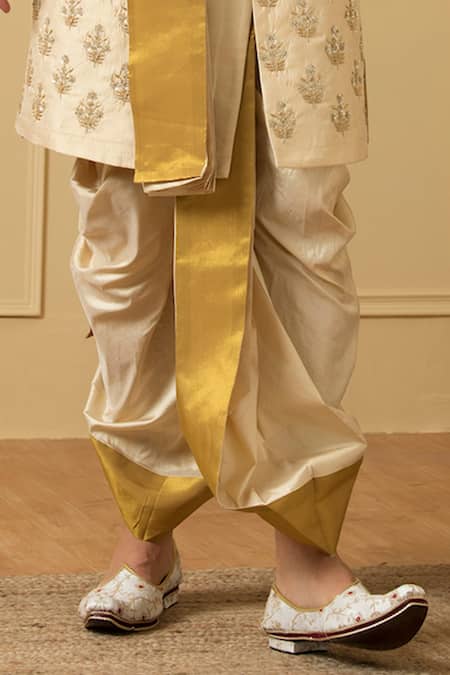 Buy_Hilo Design_Gold Silk Embroidery Esplendor Zardozi Sherwani Set _Online_at_Aza_Fashions