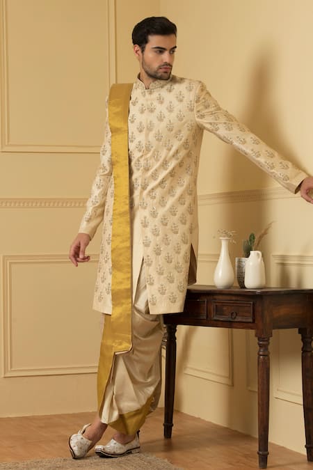 Shop_Hilo Design_Gold Silk Embroidery Esplendor Zardozi Sherwani Set 