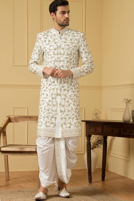 Buy_Hilo Design_White Silk Embroidery, Zari Verde Zardozi Sherwani _Online_at_Aza_Fashions