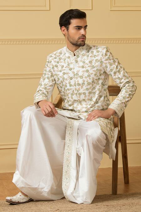 Hilo Design_White Silk Embroidery, Zari Verde Zardozi Sherwani _at_Aza_Fashions