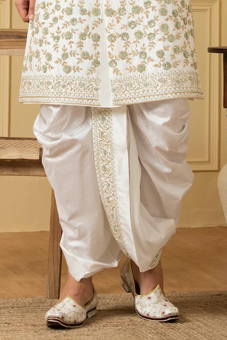 Hilo Design White Silk Embroidery Verde Zardozi Sherwani Set Online at Aza Fashions Hilo Design_White Silk Embroidery Verde Zardozi Sherwani Set _Online_at_Aza_Fashions