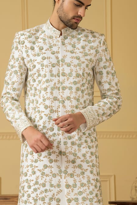 Buy Hilo Design White Silk Embroidery Verde Zardozi Sherwani Set Online at Aza Fashions Buy_Hilo Design_White Silk Embroidery Verde Zardozi Sherwani Set _Online_at_Aza_Fashions
