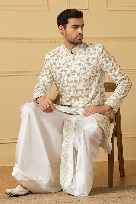 Buy Hilo Design White Silk Embroidery Verde Zardozi Sherwani Set Buy_Hilo Design_White Silk Embroidery Verde Zardozi Sherwani Set