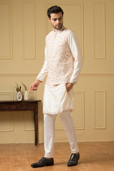 Shop_Hilo Design_Peach Silk Embroidery, Sequins Resham Bundi _Online_at_Aza_Fashions