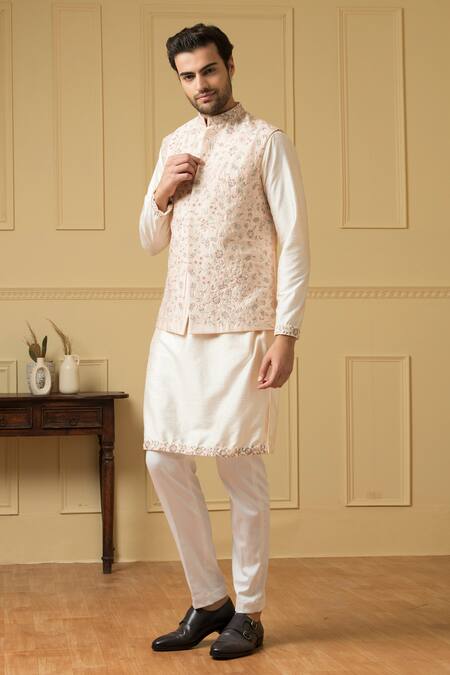 Hilo Design_Peach Silk Embroidery, Sequins Resham Bundi _at_Aza_Fashions