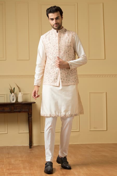 Hilo Design_Peach Silk, Cotton, Lycra Embroidery, Sequins Floral Bundi Kurta Set _Online_at_Aza_Fashions