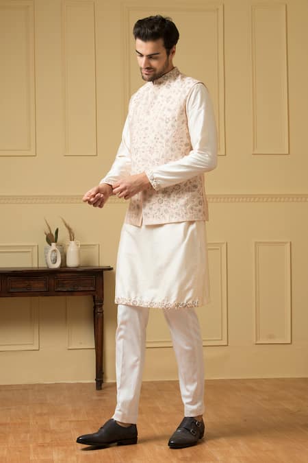 Hilo Design_Peach Silk, Cotton, Lycra Embroidery, Sequins Floral Bundi Kurta Set _at_Aza_Fashions