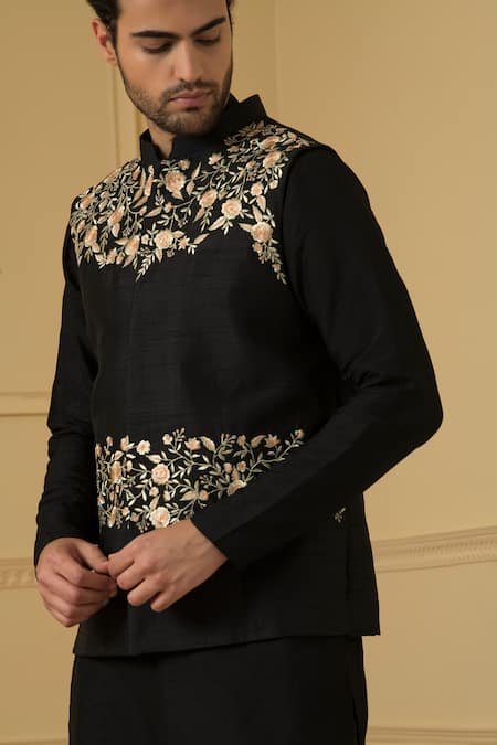 Hilo Design_Black Silk Zari, Embroidery Hand Bundi Set _Online_at_Aza_Fashions