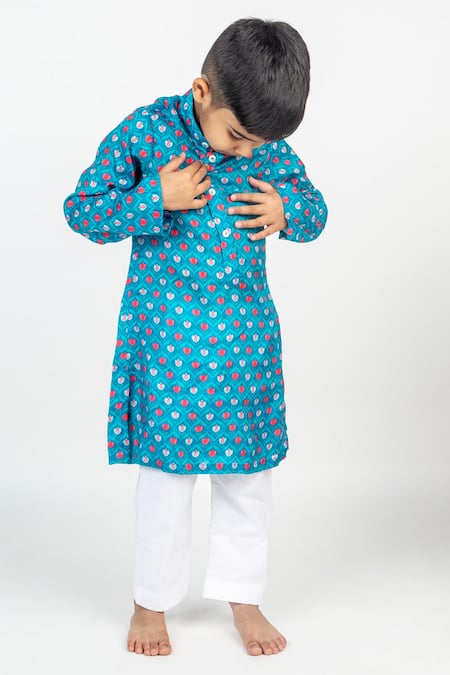 Shop MR Brat Blue Muslin Lotus Print Kurta And Pant Set at Aza Fashions Shop_MR Brat_Blue Muslin Lotus Print Kurta And Pant Set _at_Aza_Fashions