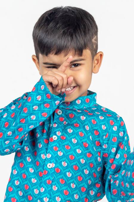 MR Brat Blue Muslin Lotus Print Kurta And Pant Set Online at Aza Fashions MR Brat_Blue Muslin Lotus Print Kurta And Pant Set _Online_at_Aza_Fashions