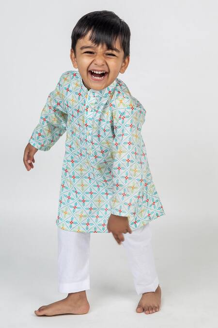MR Brat_Blue Muslin Geometric Jaal Print Kurta And Pant Set _Online_at_Aza_Fashions
