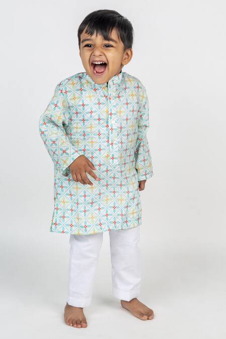 Buy_MR Brat_Blue Muslin Geometric Jaal Print Kurta And Pant Set _Online_at_Aza_Fashions