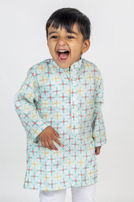 Shop_MR Brat_Blue Muslin Geometric Jaal Print Kurta And Pant Set _Online_at_Aza_Fashions