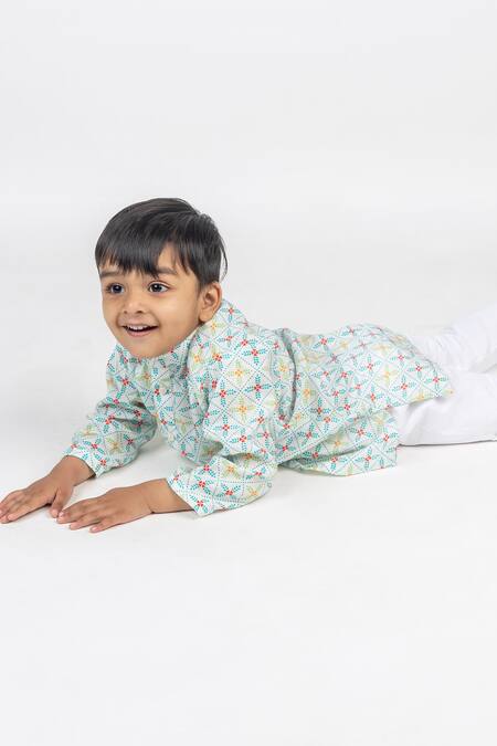 MR Brat_Blue Muslin Geometric Jaal Print Kurta And Pant Set _at_Aza_Fashions