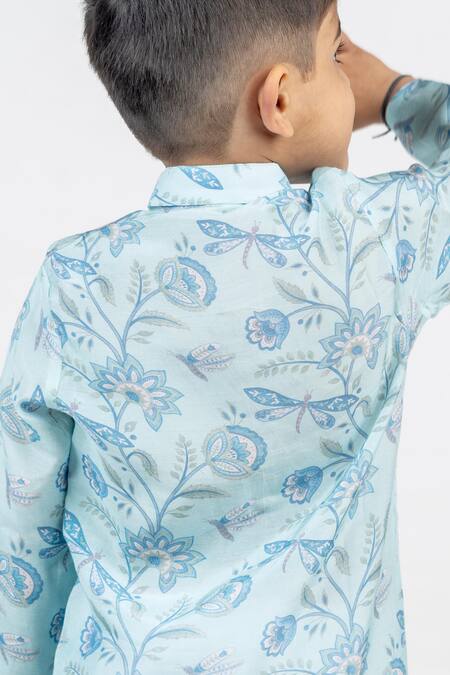 Buy_MR Brat_Blue Muslin Floral And Dragon Fly Print Kurta Set _Online_at_Aza_Fashions