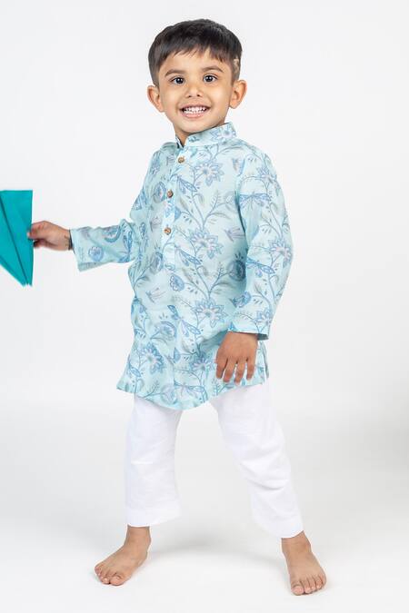 Shop_MR Brat_Blue Muslin Floral And Dragon Fly Print Kurta Set _Online_at_Aza_Fashions