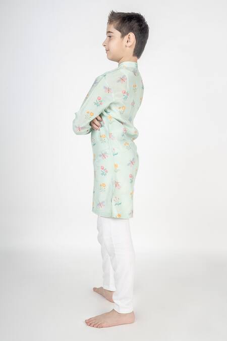 MR Brat_Green Muslin Embroidery Printed Mandarin Collar Kurta Set _Online_at_Aza_Fashions