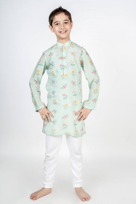 Buy_MR Brat_Green Muslin Embroidery Printed Mandarin Collar Kurta Set _Online_at_Aza_Fashions