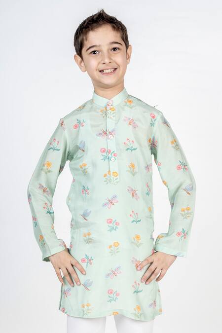 Shop_MR Brat_Green Muslin Embroidery Printed Mandarin Collar Kurta Set _Online_at_Aza_Fashions