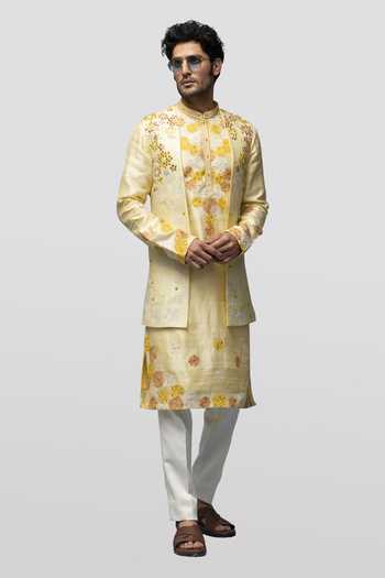 Asuka_Yellow Silk Embroidery Floral Kurta And Bundi Set _Online_at_Aza_Fashions