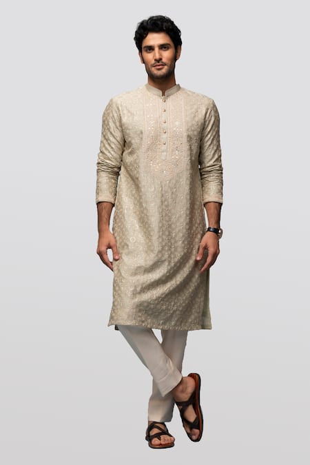 Asuka_Beige Chanderi Silk Embroidery Kurta Set _Online_at_Aza_Fashions