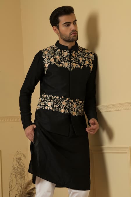 Hilo Design_Black Silk Zari, Embroidery Hand Bundi Set _at_Aza_Fashions