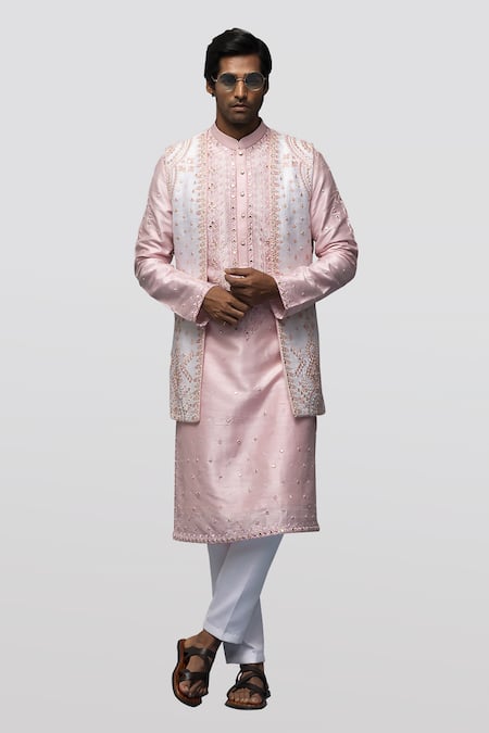 Asuka Pink Raw Silk Embroidery Mirror Kurta Set 