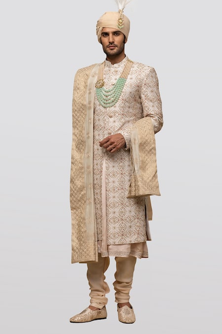 Shop Asuka Off White Chanderi Silk Embroidery Resham Sherwani Set at Aza Fashions Shop_Asuka_Off White Chanderi Silk Embroidery Resham Sherwani Set _at_Aza_Fashions