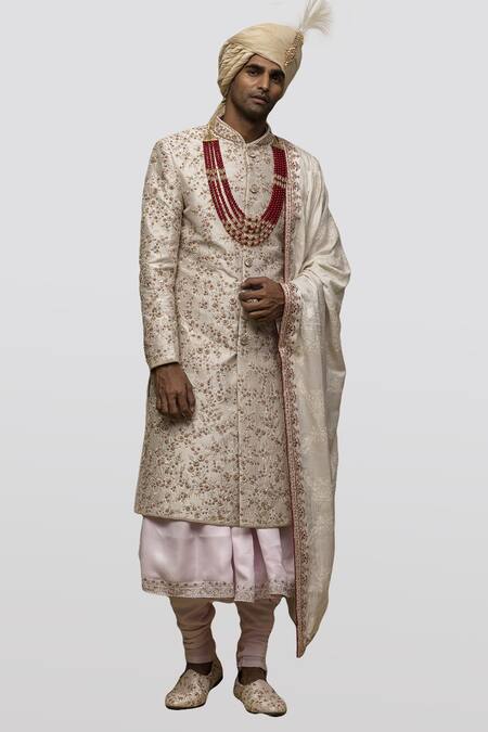 Shop Asuka Off White Raw Silk Embroidery Resham Floral Sherwani Set at Aza Fashions Shop_Asuka_Off White Raw Silk Embroidery Resham Floral Sherwani Set _at_Aza_Fashions