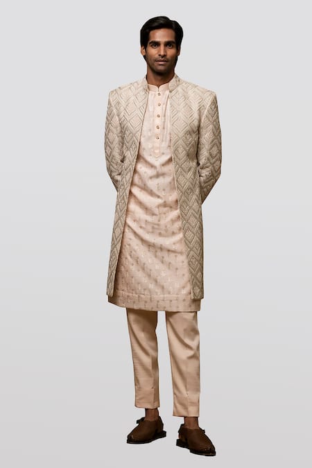 Asuka_Beige Chanderi Silk Embroidery Zari Achkan Set _Online_at_Aza_Fashions