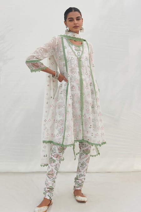 Mulmul Green Pure Mulmul Leilani Flared Kurta With Churidar