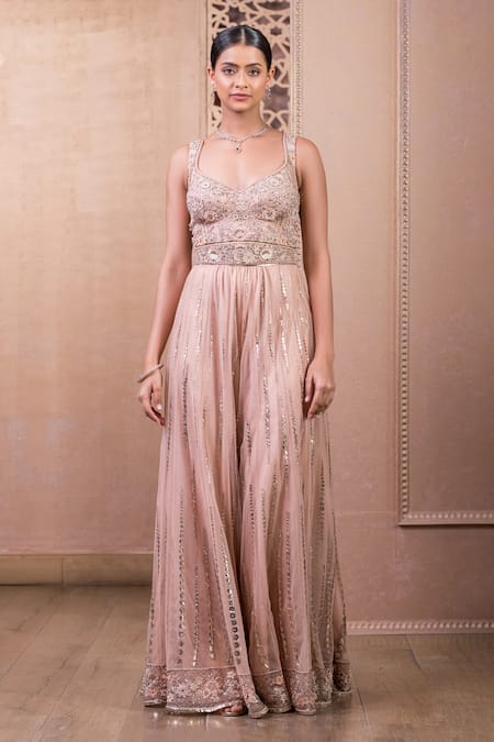 Tarun Tahiliani Pink Tulle Embroidery Sequins Sweetheart Neck Floral Bodice Jumpsuit 