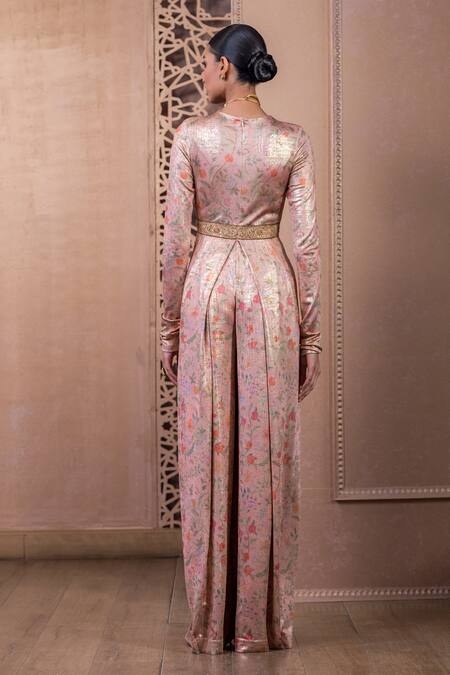 Shop Tarun Tahiliani Pink Embroidery V-neck Floral Garden Print Overlay Jumpsuit at Aza Fashions Shop_Tarun Tahiliani_Pink Embroidery V-neck Floral Garden Print Overlay Jumpsuit_at_Aza_Fashions