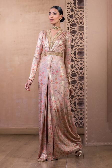 Tarun Tahiliani Pink Embroidery V-neck Floral Garden Print Overlay Jumpsuit Online at Aza Fashions Tarun Tahiliani_Pink Embroidery V-neck Floral Garden Print Overlay Jumpsuit_Online_at_Aza_Fashions