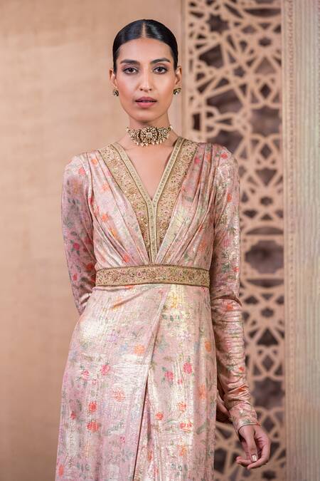 Buy Tarun Tahiliani Pink Embroidery V-neck Floral Garden Print Overlay Jumpsuit Online at Aza Fashions Buy_Tarun Tahiliani_Pink Embroidery V-neck Floral Garden Print Overlay Jumpsuit_Online_at_Aza_Fashions