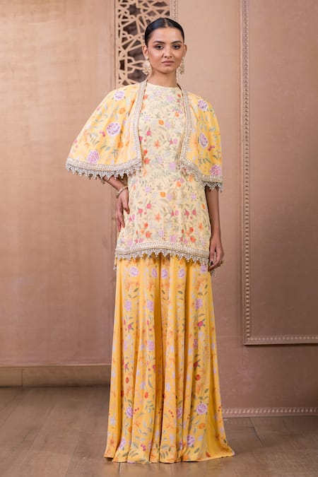 Tarun Tahiliani Vintage Floral Print Kurta Sharara Set With Cape 