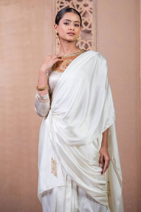Buy_Tarun Tahiliani_Ivory Satin Crystals Round Neck Concept Saree With Embroidered Blouse_Online_at_Aza_Fashions