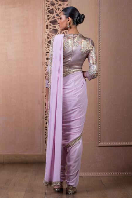 Shop Tarun Tahiliani Purple Chiffon Sequins, Concept Dhoti Pant Saree With Embroidered Blouse at Aza Fashions Shop_Tarun Tahiliani_Purple Chiffon Sequins, Concept Dhoti Pant Saree With Embroidered Blouse_at_Aza_Fashions